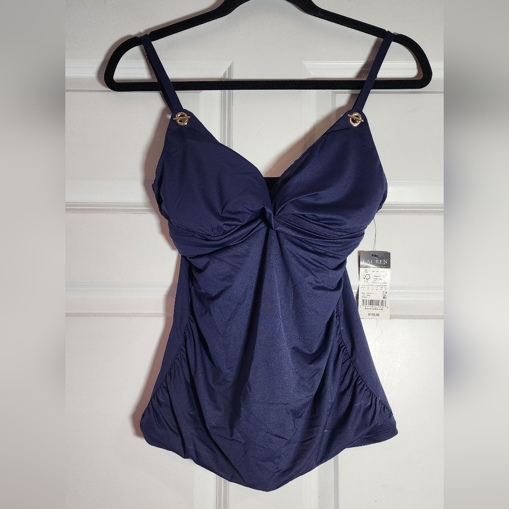 NWT Lauren Ralph Lauren Navy Blue Ruched Tankini Top Size 8